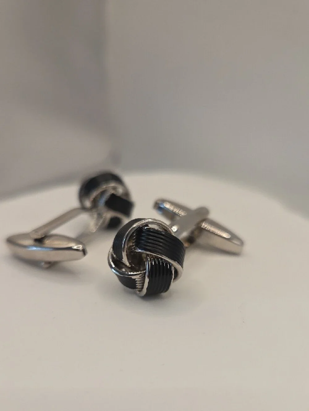 MEL New York Men's Black & Silver Knot Cufflinks Stainless Steel Bullet Back